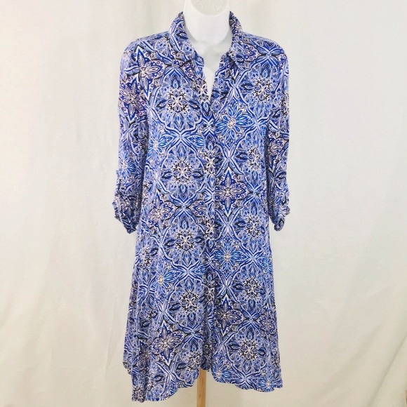 Cupio Handkerchief Hem Dress Button Down Top To Bottom Sz S Blue Black EUC - Picture 2 of 11